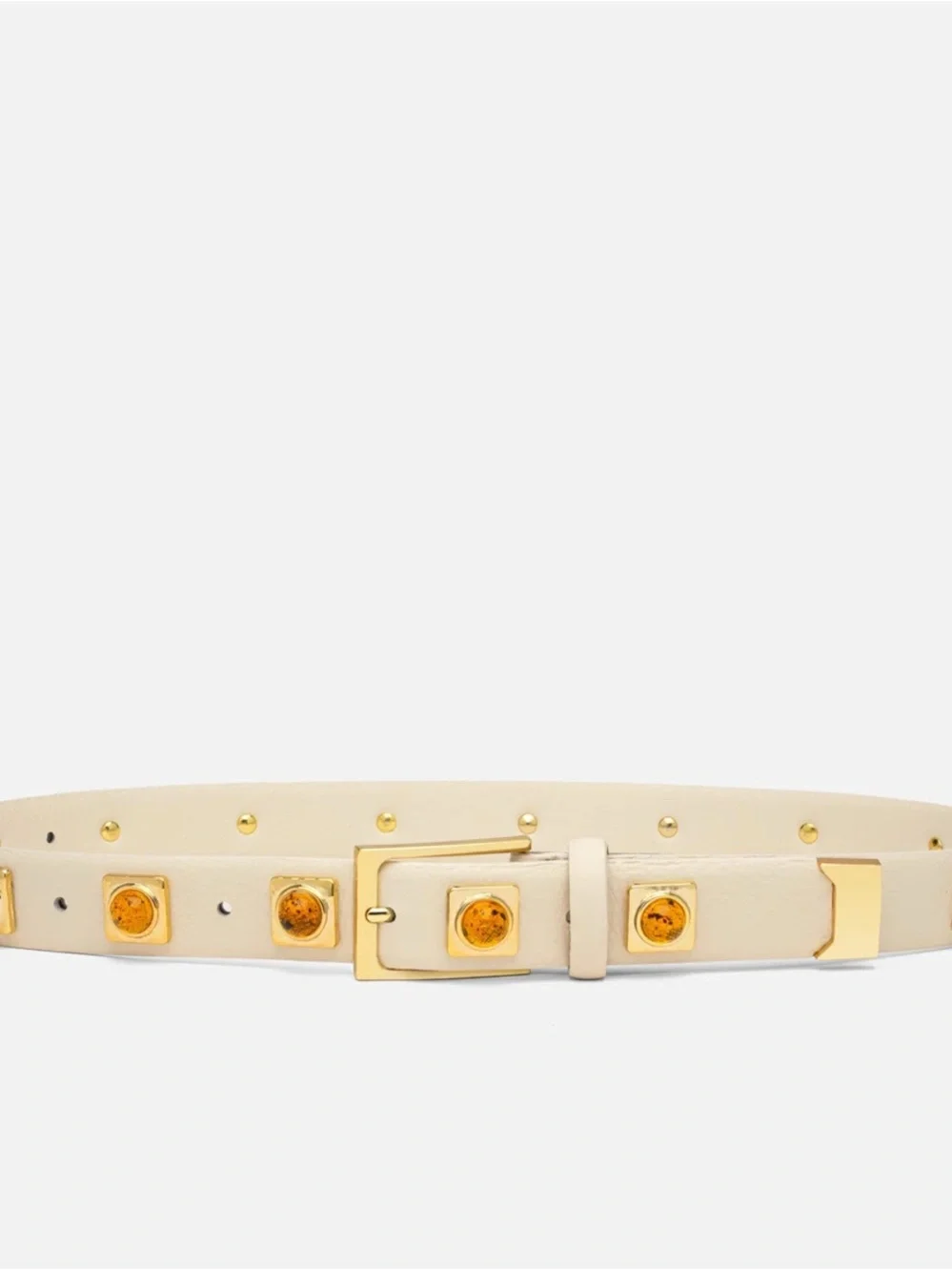 Women's Cream Studded Leather Belt with Gold Accents
